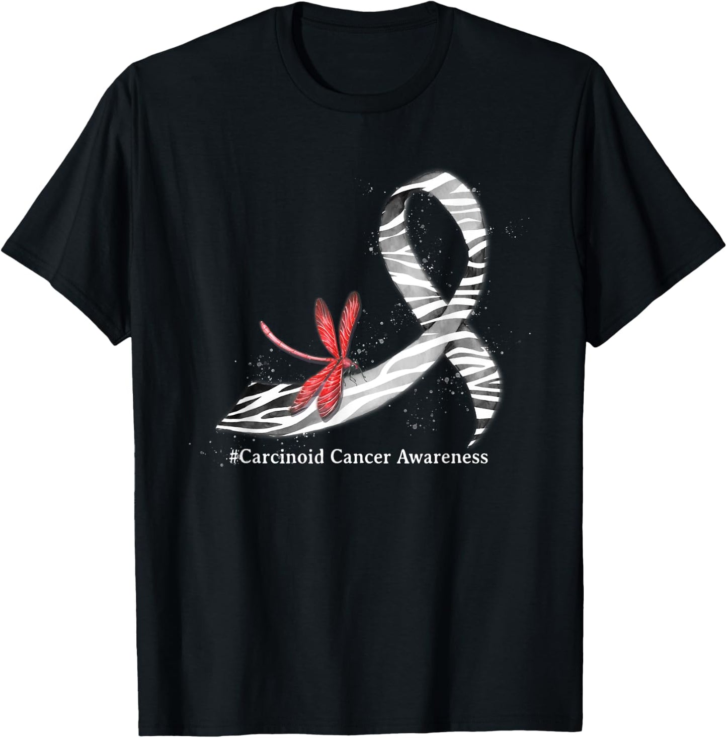 Hippie Dragonfly Zebra Ribbon Carcinoid Cancer Awareness T-Shirt - T-Shirt | Black