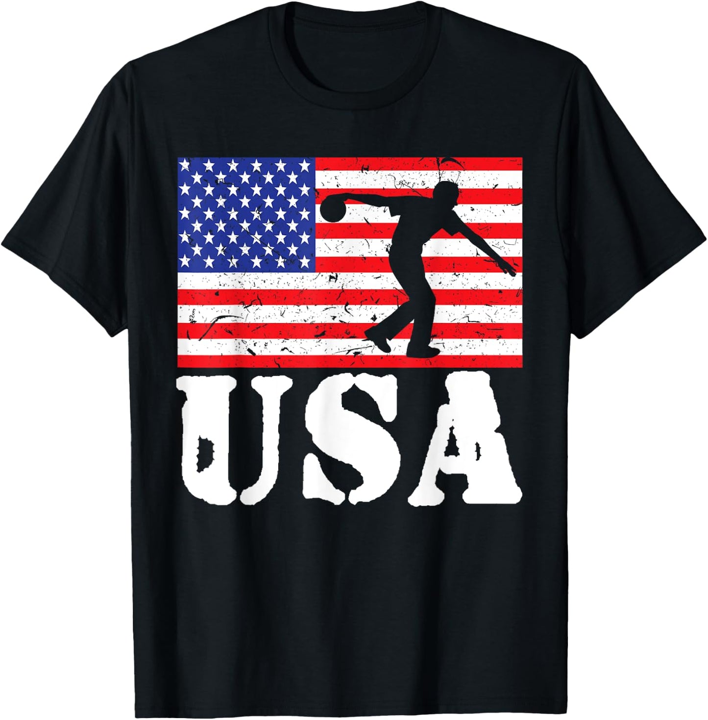 Distressed Bowling USA American Flag Vintage Bowler Player Women Girls Kids Men T-Shirt - T-Shirt | Black