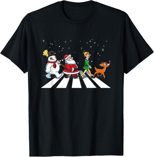 Christmas Road Snowman Santa Elf Reindeer Xmas Crosswalk T-Shirt - T-Shirt | Black