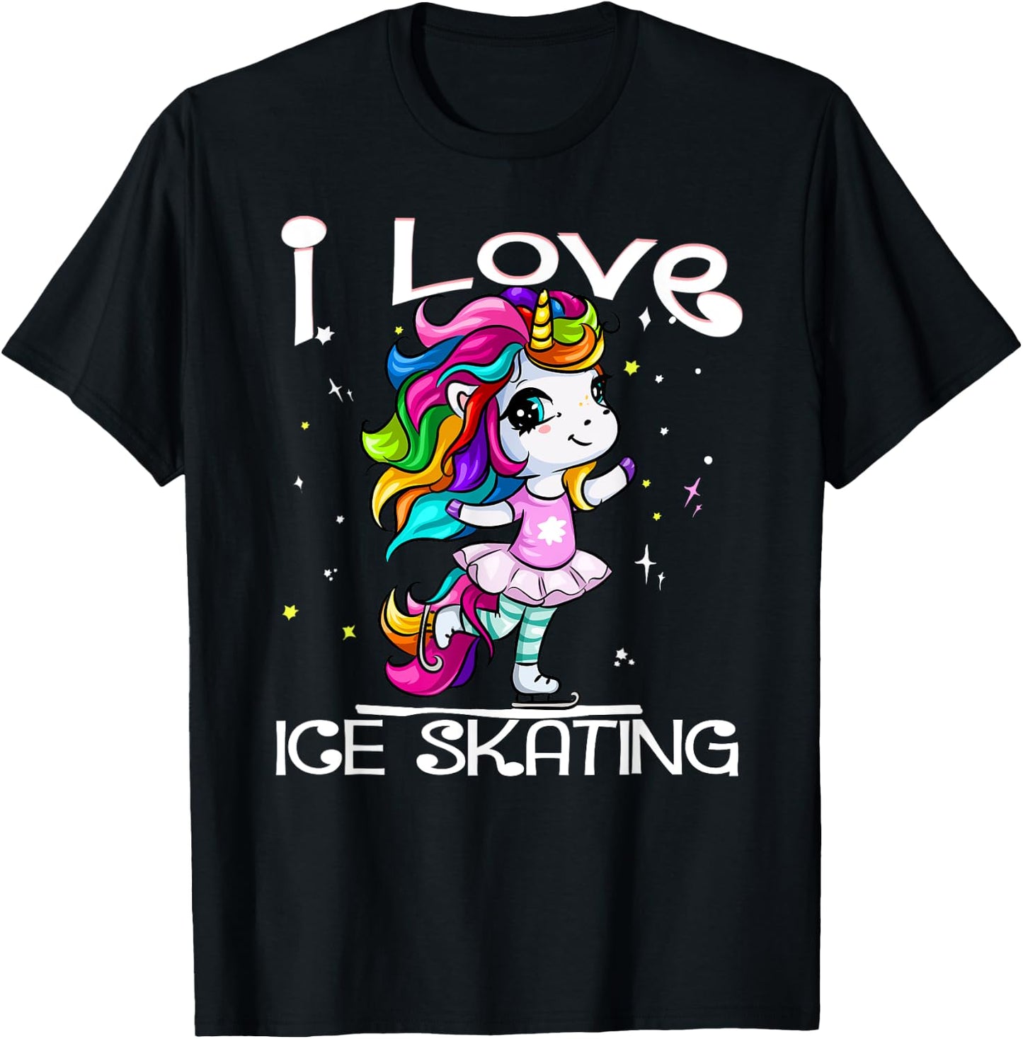 Ice Dancing Cute I Love Ice Skating Rainbow Unicorn Girl T-Shirt - T-Shirt | Black
