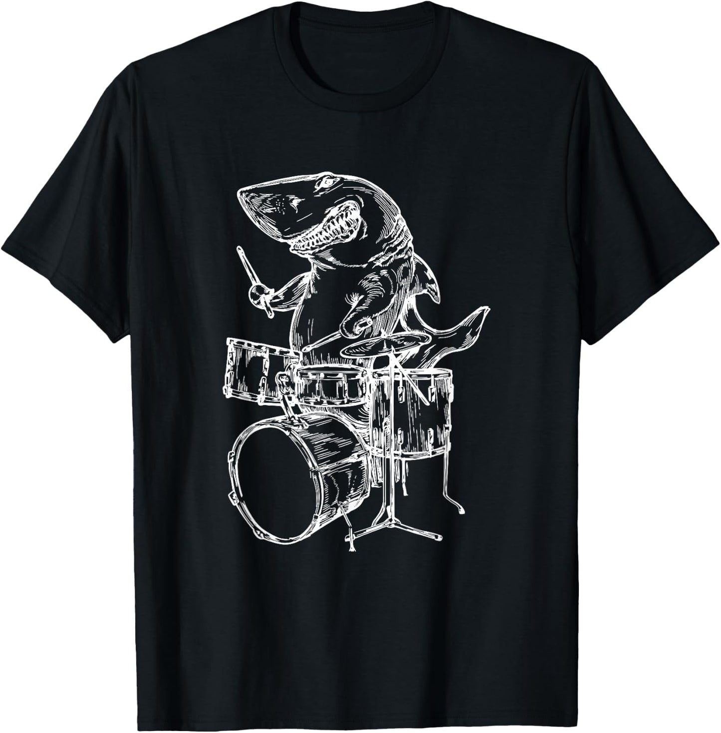 Shark Playing Drums Fish Drummer Funny Beach Rock Musician Men Women Girls Kids T-Shirt - T-Shirt | Black