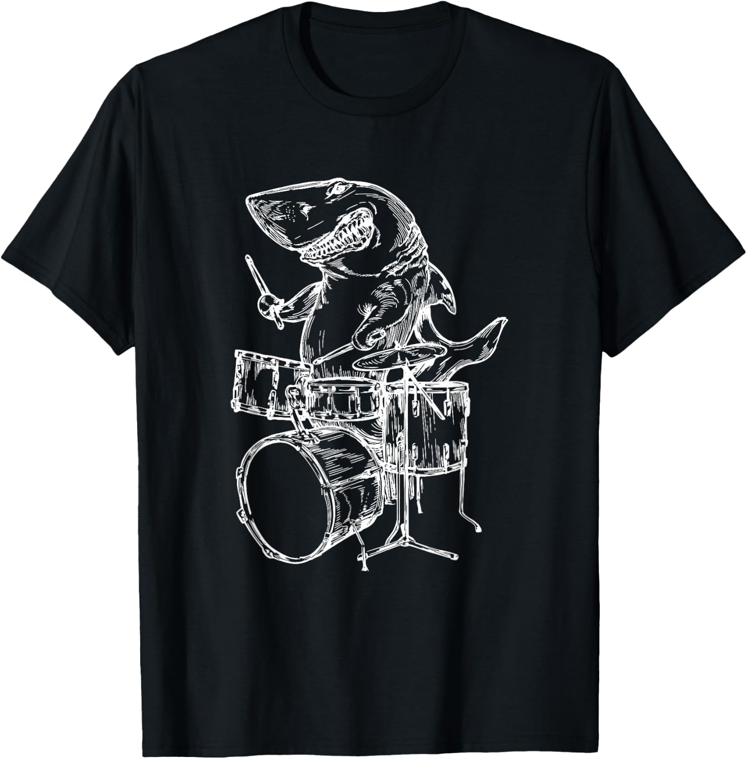 Shark Playing Drums Fish Drummer Funny Beach Rock Musician Men Women Girls Kids T-Shirt - T-Shirt | Black