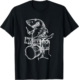 Shark Playing Drums Fish Drummer Funny Beach Rock Musician Men Women Girls Kids T-Shirt - T-Shirt | Black
