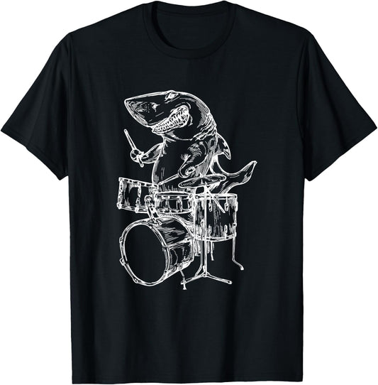 Shark Playing Drums Fish Drummer Funny Beach Rock Musician Men Women Girls Kids T-Shirt - T-Shirt | Black