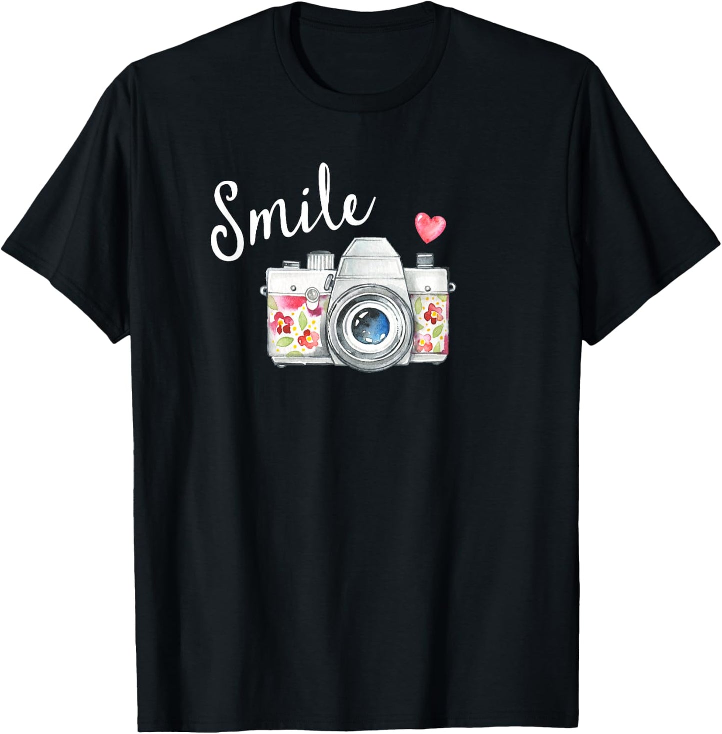 Vintage Camera T Shirt, Smile Quote Flower Design for Girls T-Shirt - T-Shirt | Black