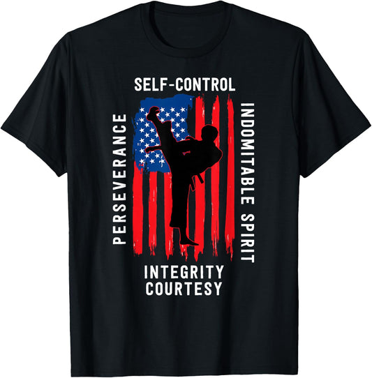 Taekwondo 5 Tenets Martial Arts Sports USA Flag T-Shirt - T-Shirt | Black