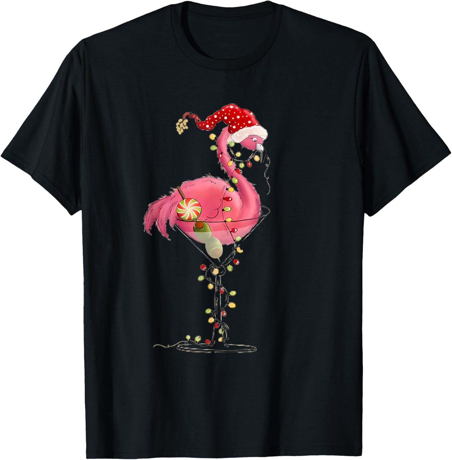 Christmas Flamingo In Martini Glass For Tropical Holiday Fun T-Shirt - T-Shirt | Black
