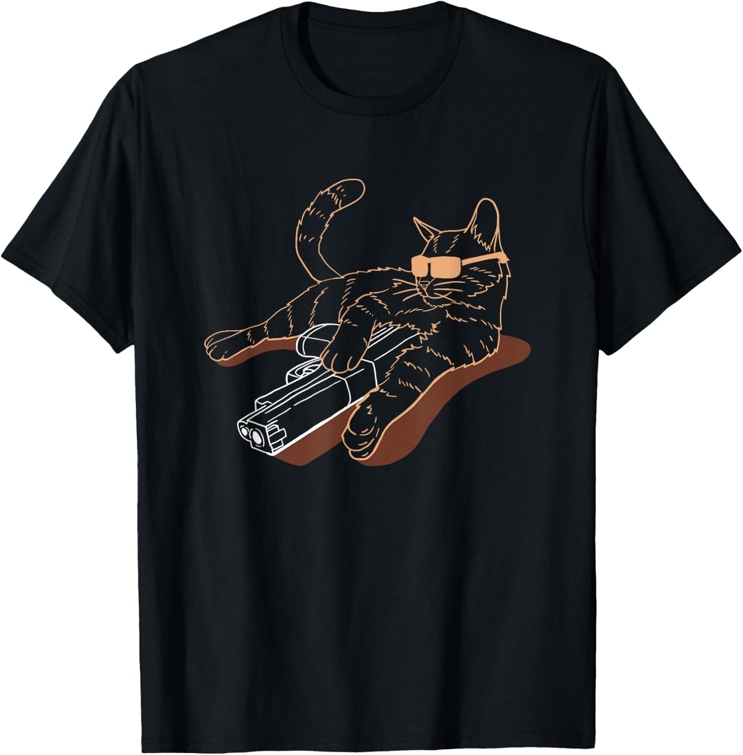 FRESAN - Gun Cat Lover Cool Kitten Weapon - Cat Gun Themed - -Adults - Black - Short Sleeve - Small T-Shirt - T-Shirt | Black