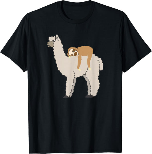 Cute & Funny Sloth Riding Llama T-Shirt - T-Shirt | Black