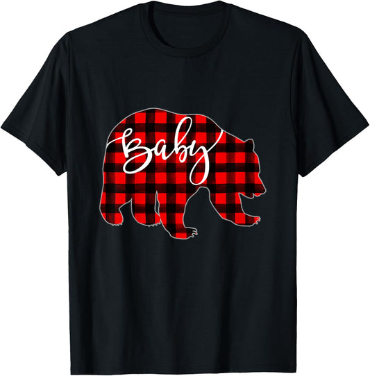 Kids Red Plaid Baby Bear Matching Family Christmas Eve Buffalo T-Shirt - T-Shirt | Black