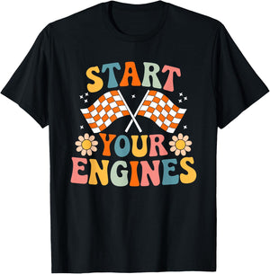 Groovy Start Your Engines Retro Checkered Flag Race Car T-Shirt - T-Shirt | Black