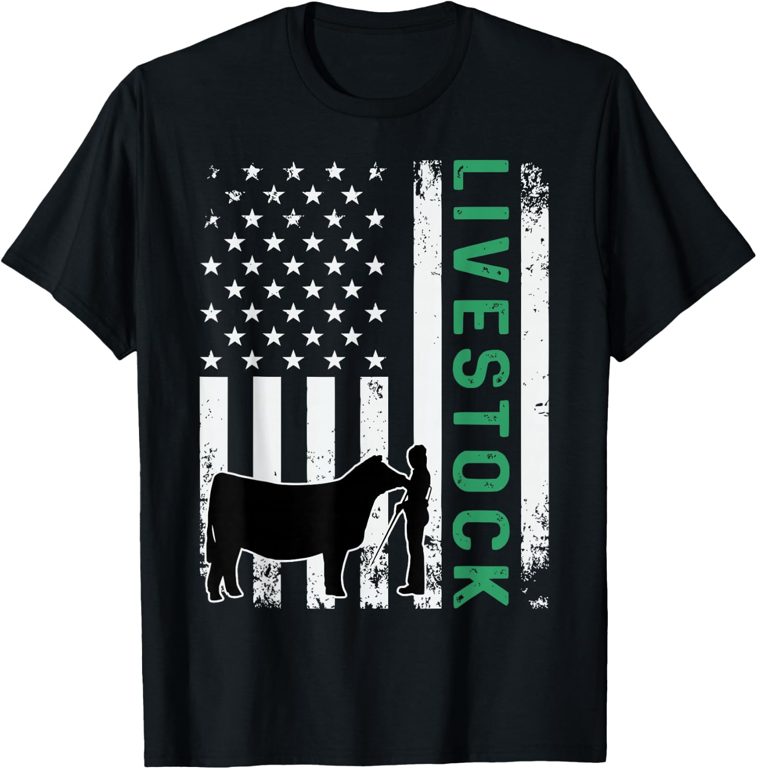 Patriotic Livestock Showmanship Girl and Show Stock Steer T-Shirt - T-Shirt | Black