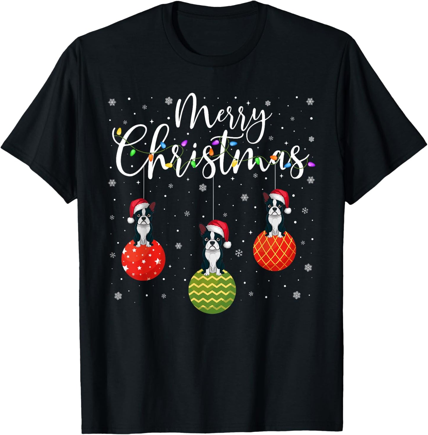 Merry Christmas Lights Santa Hat Boston Terrier Ugly Xmas T-Shirt - T-Shirt | Black