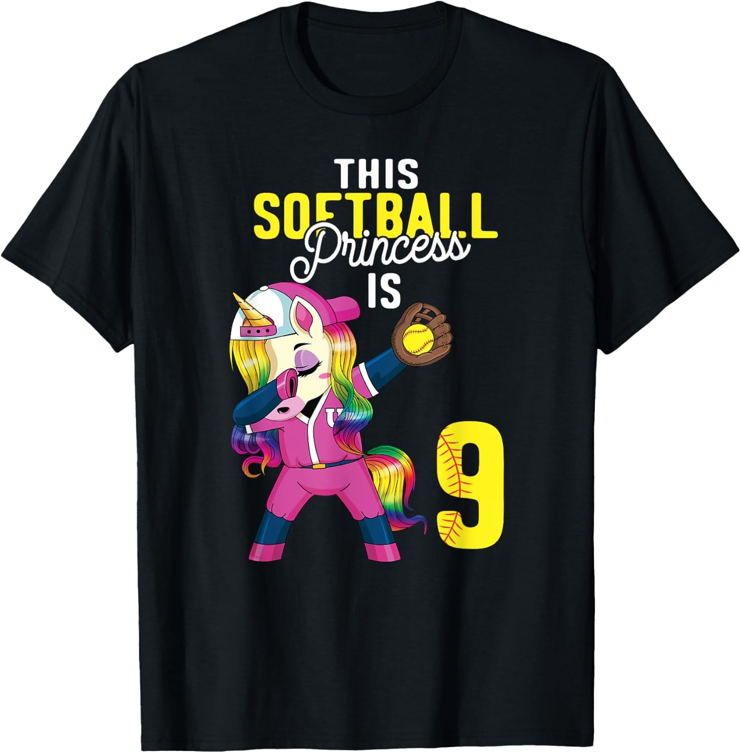 This Softball Princess is 9th Birthday Unicorn Dabbing Gift T-Shirt - T-Shirt | Black