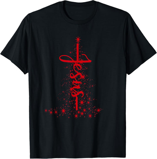 Christmas Christian Star Jesus Red Christmas Tree Faith Gift T-Shirt - T-Shirt | Black