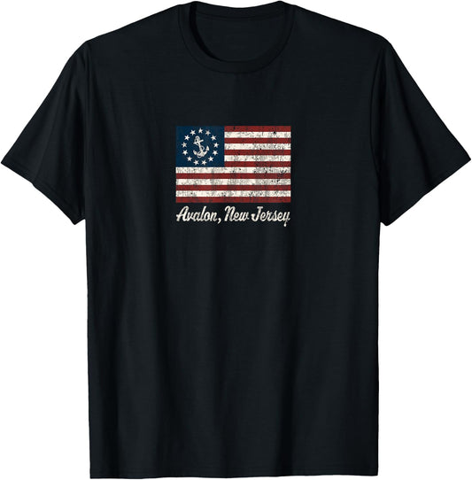 Avalon NJ Vintage Sailing US Anchor Boat Flag T-Shirt - T-Shirt | Black