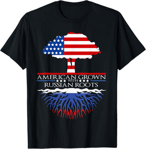 Russian Roots American Grown Tree Flag USA Russia Gift T-Shirt - T-Shirt | Black
