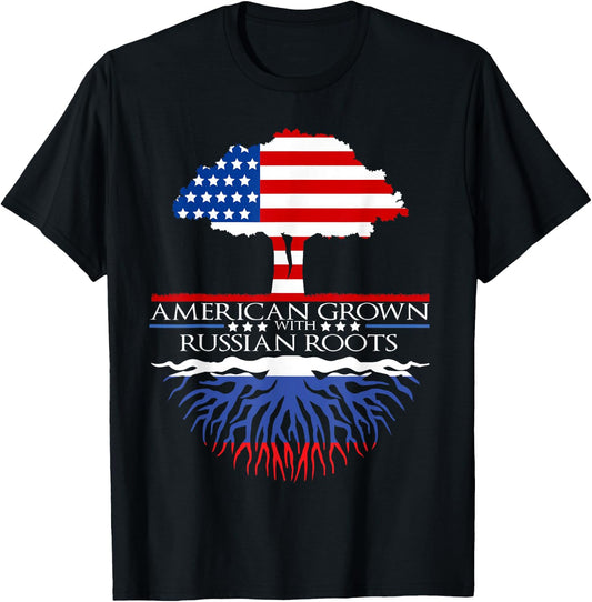 Russian Roots American Grown Tree Flag USA Russia Gift T-Shirt - T-Shirt | Black