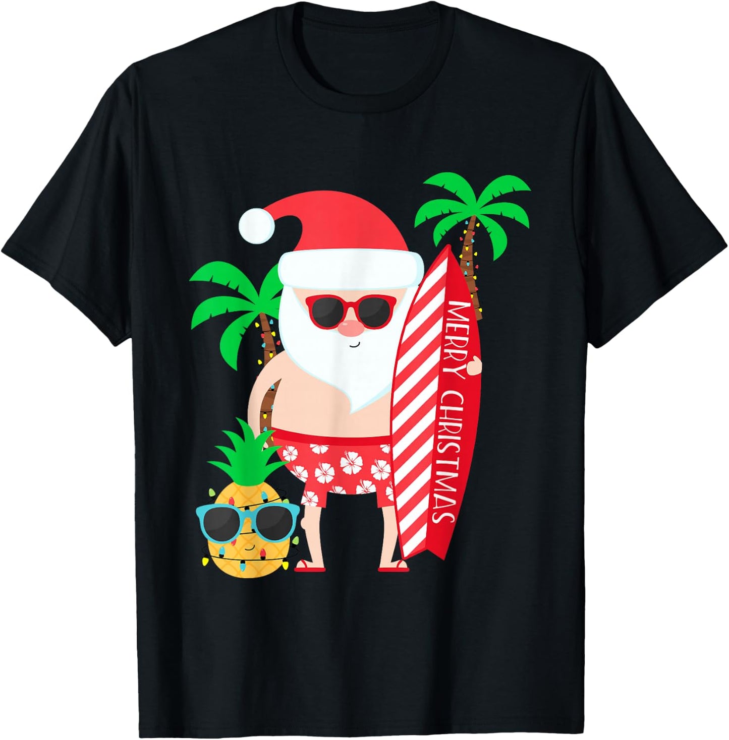 Santa Surfing Hawaiian Beach Christmas in July Tropical T-Shirt - T-Shirt | Black