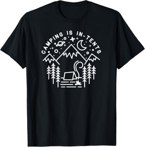 Camping is In-Tents Line Art Funny Outdoors Hiking Gift T-Shirt - T-Shirt | Black