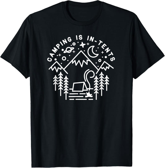 Camping is In-Tents Line Art Funny Outdoors Hiking Gift T-Shirt - T-Shirt | Black