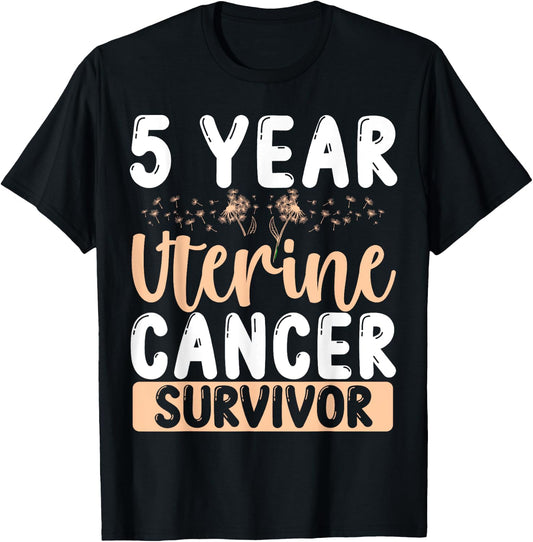 5 Year Uterine Cancer Free Awareness Survivor Ribbon T-Shirt - T-Shirt | Black
