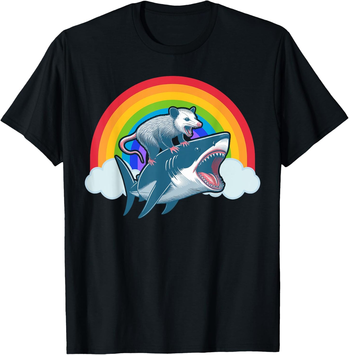 Funny Opossum Riding Shark Rainbow Possum Trash Marsupial T-Shirt - T-Shirt | Black