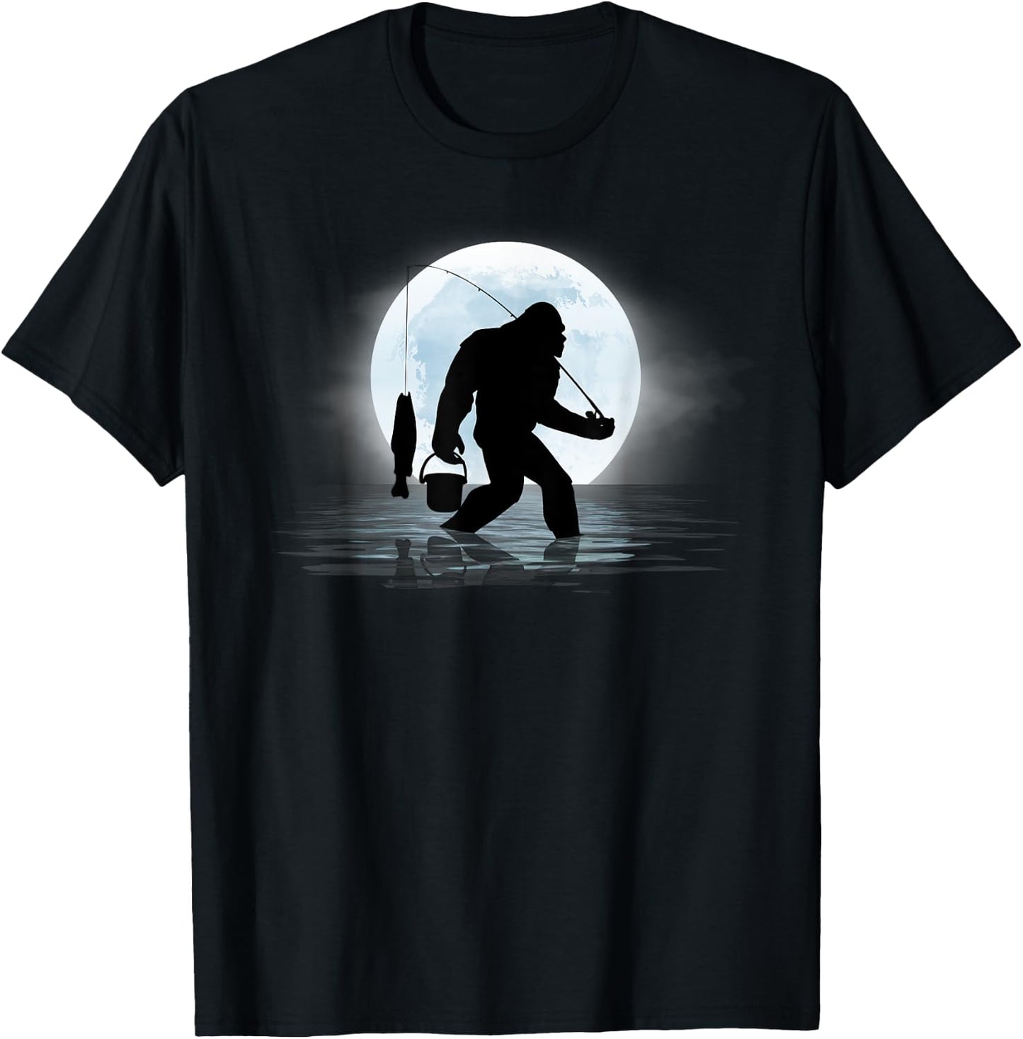 Bigfoot Fishing Funny Sasquatch and Fish Night Fishing T-Shirt - T-Shirt | Black
