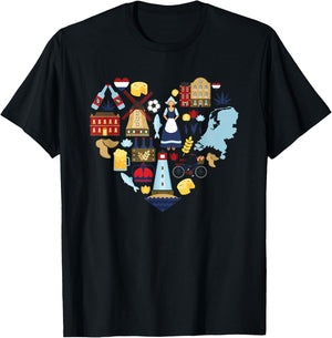Netherlands Heart Tulips Windmill Canal Dutch Delight T-Shirt - T-Shirt | Black