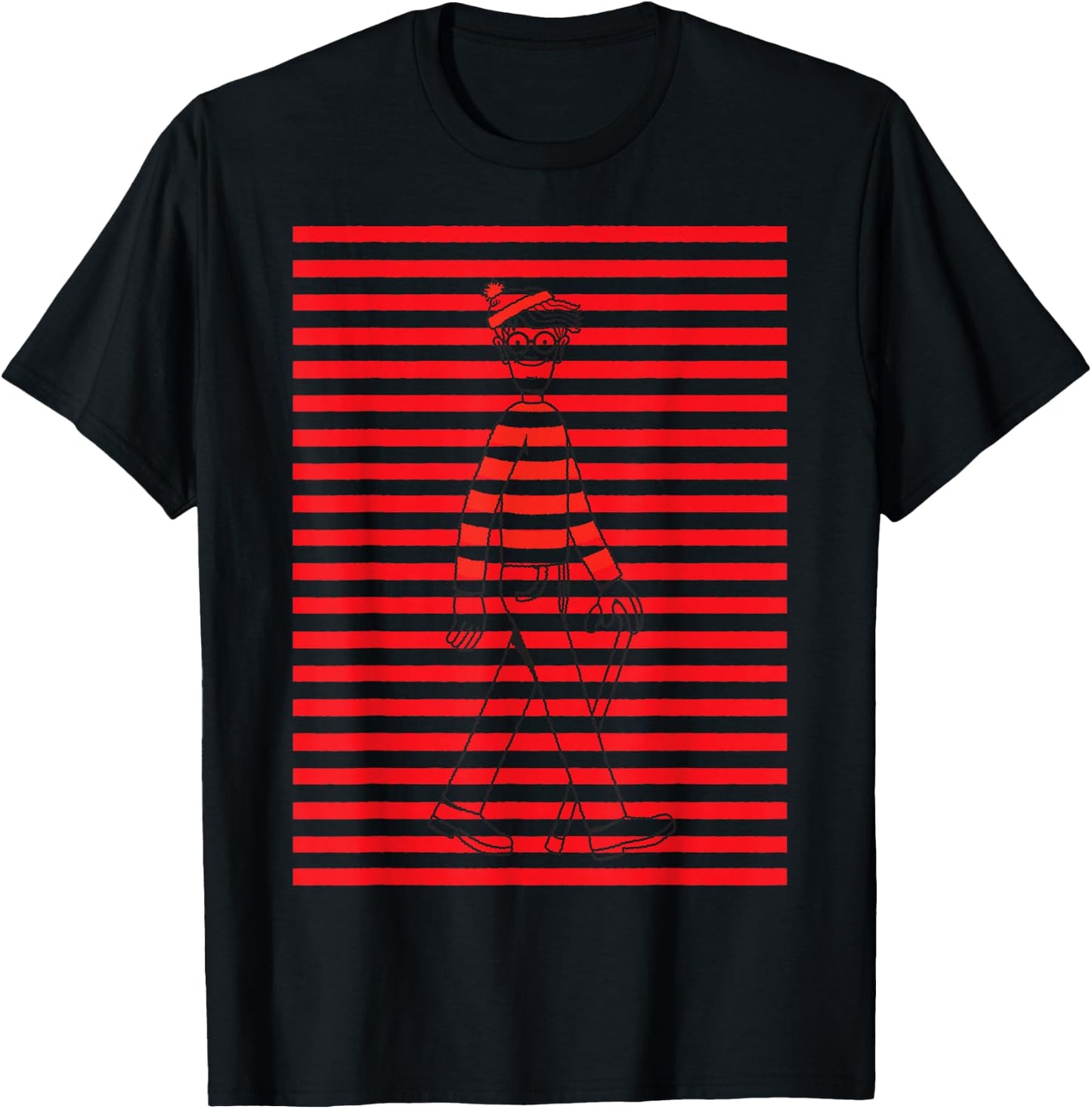 Where's Waldo Red and White Pattern Lines Graphic T-Shirt - T-Shirt | Black