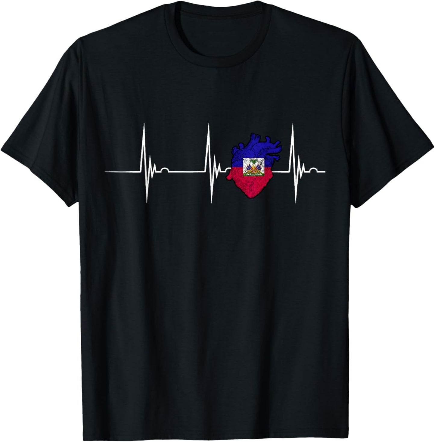 Haiti Flag Heart Heartbeat EKG Pulse Haitian Roots T-Shirt - T-Shirt | Black