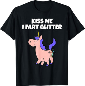 Kiss Me I Fart Glitter | Crude Adult Humor Unicorn T-Shirt - T-Shirt | Black