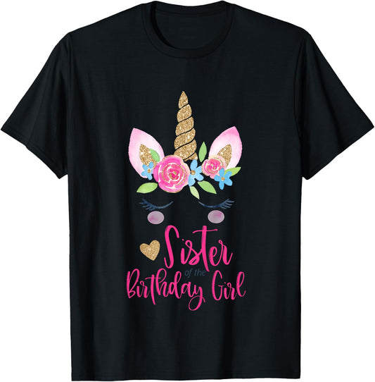 Kids Unicorn Sister of the Birthday Girl Shirt Matching Party T-Shirt - T-Shirt | Black