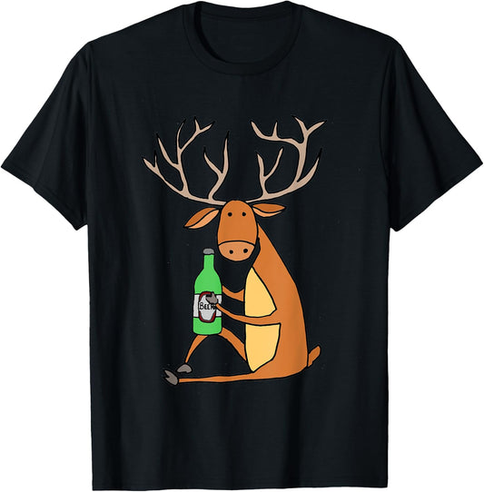 Smilemoretees Funny Stag Deer Drinking Beer T-Shirt - T-Shirt | Black