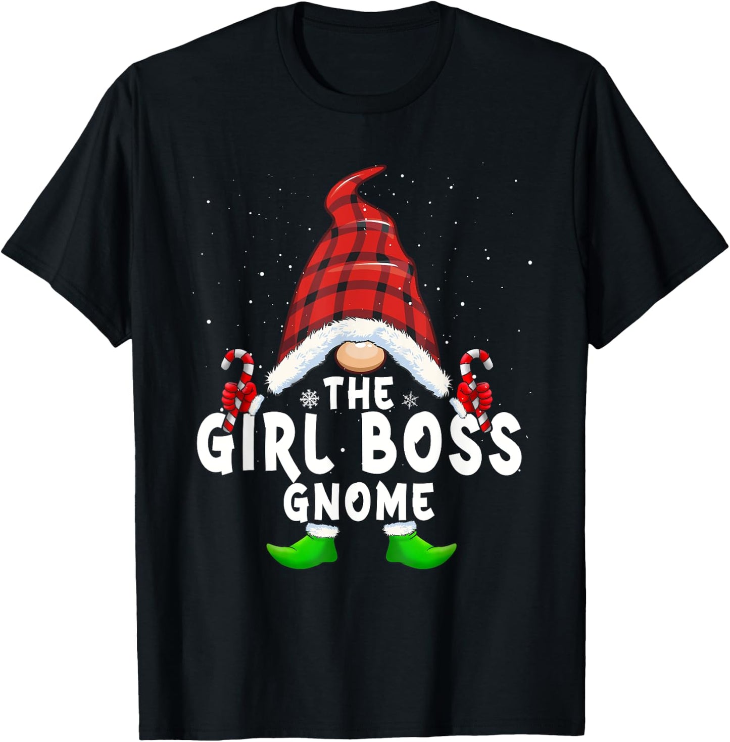 Girl Boss Gnome Buffalo Plaid Matching Family Christmas T-Shirt - T-Shirt | Black