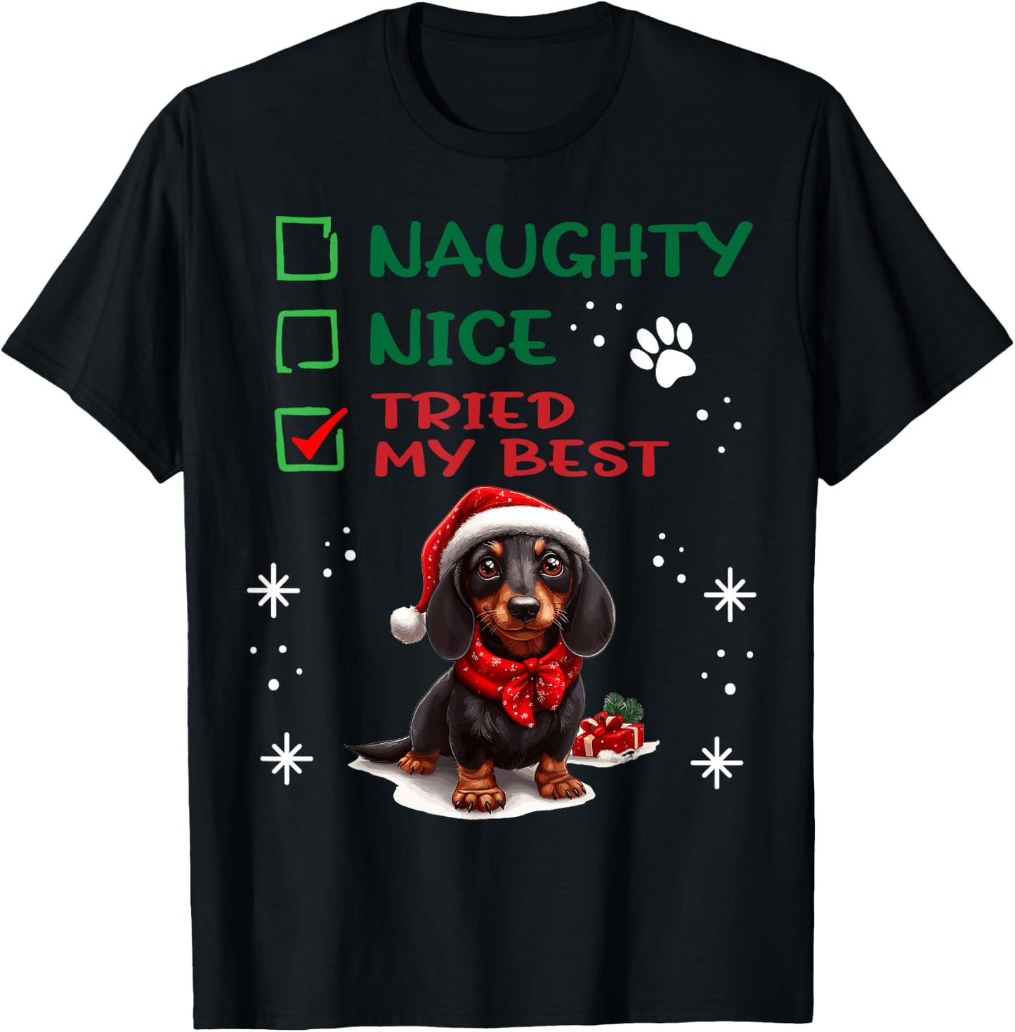 Cute Dachshund Wiener Doxie dog Dog Christmas Naughty Nice T-Shirt - T-Shirt | Black