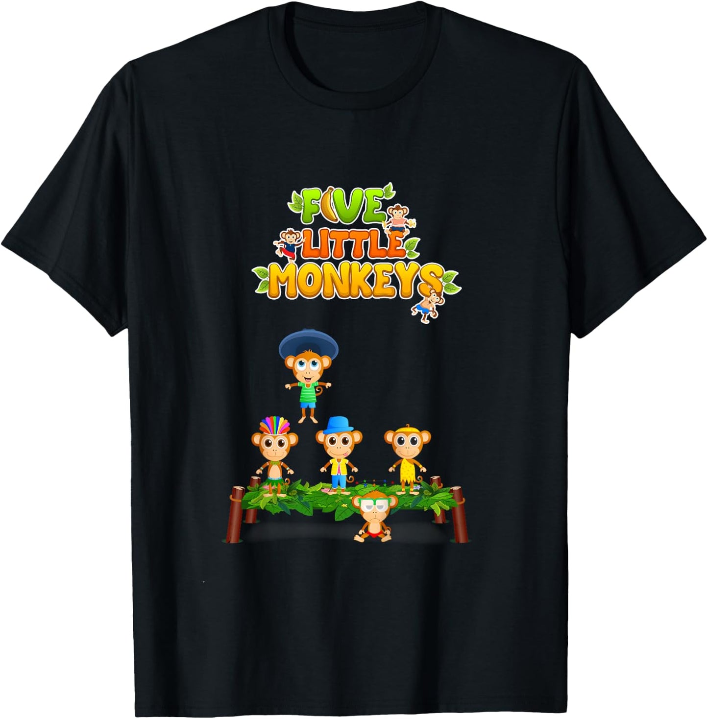 Kids Nursery Rhymes Shirt Five Little Monkeys Jumping On The Bed T-Shirt - T-Shirt | Black