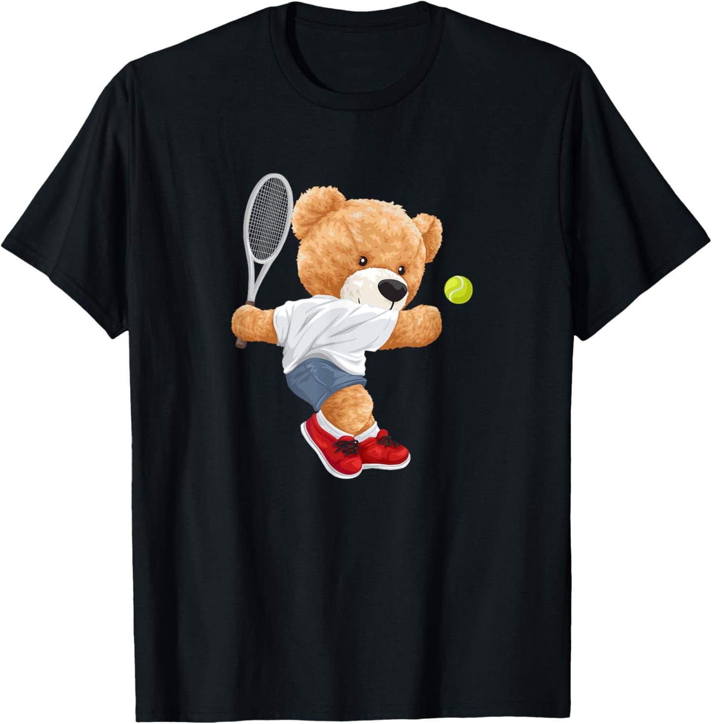 Cool Teddy Bear Playing Tennis Illustration Graphic Designs T-Shirt - T-Shirt | Black