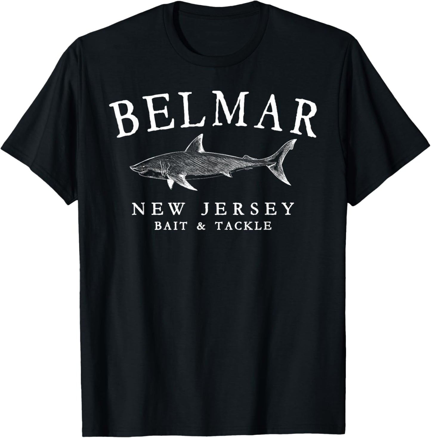 Belmar New Jersey Shark Retro White Art Fishing T-Shirt - T-Shirt | Black
