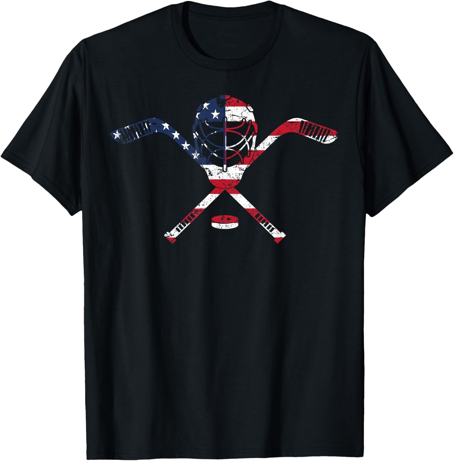 USA American Flag Ice Hockey Goalie Mask Stick Patriotic T-Shirt - T-Shirt | Black