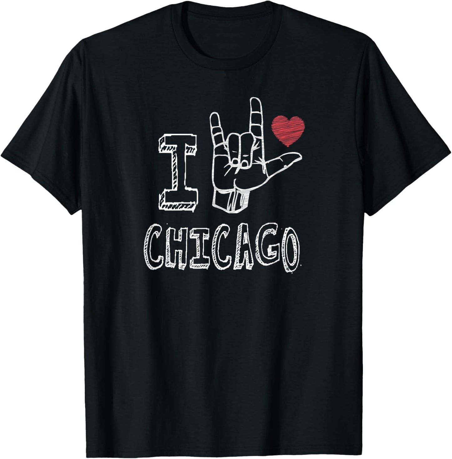 ASL I Love Chicago Sign Language Design with Heart T-Shirt - T-Shirt | Black