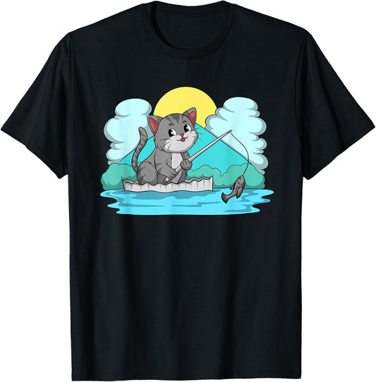 Funny Kitten Cute Kawaii Neko Cat Fishing Men Women Kids T-Shirt - T-Shirt | Black