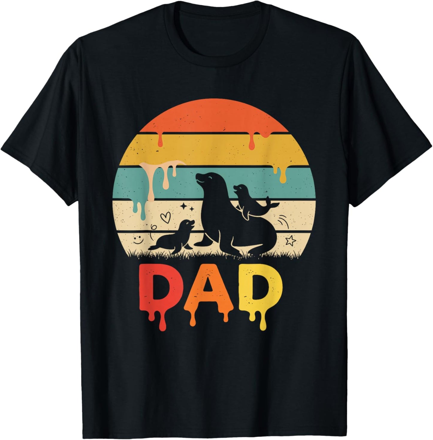Drip Sunset Sea Lion Dad Grandpa Father's Day T-Shirt - T-Shirt | Black