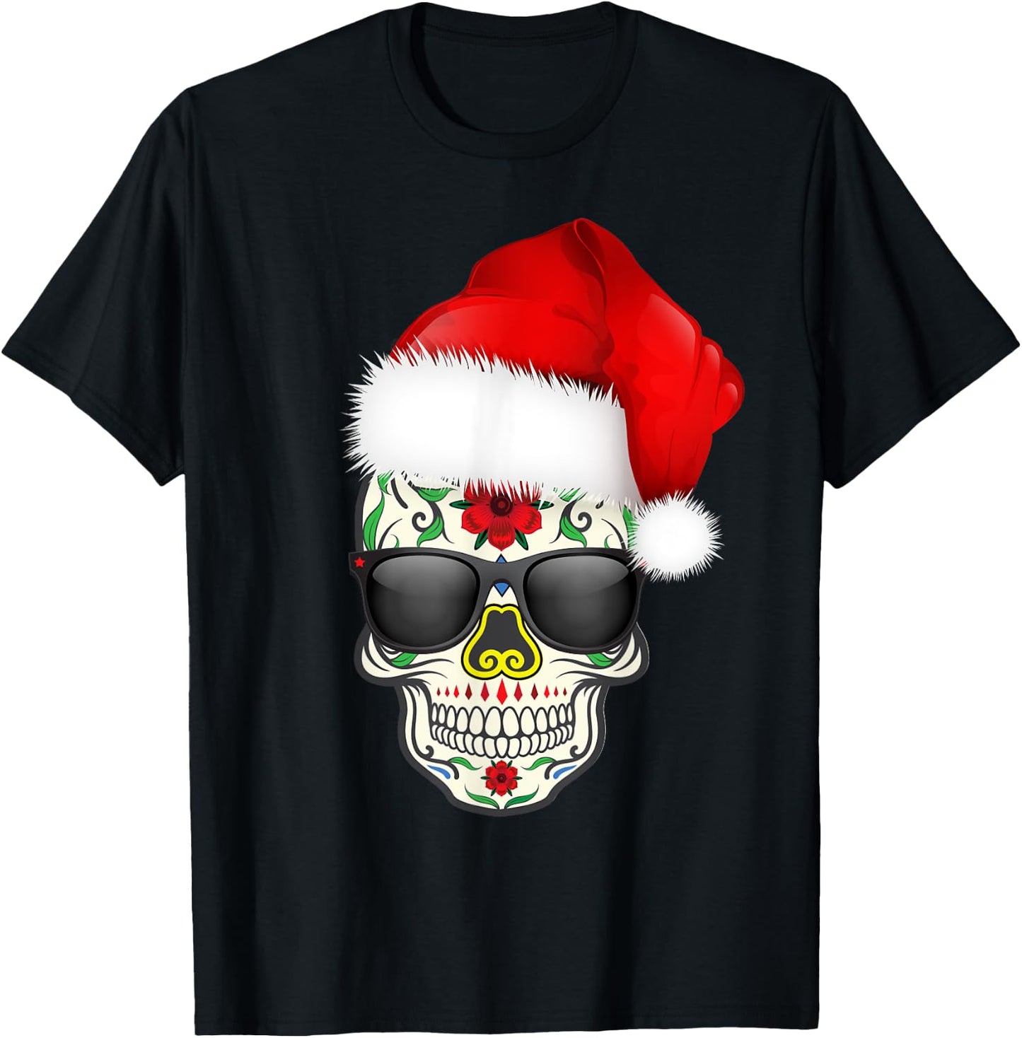Christmas Hat Santa Day Of The Dead Sugar Skull Party Shirt T-Shirt - T-Shirt | Black
