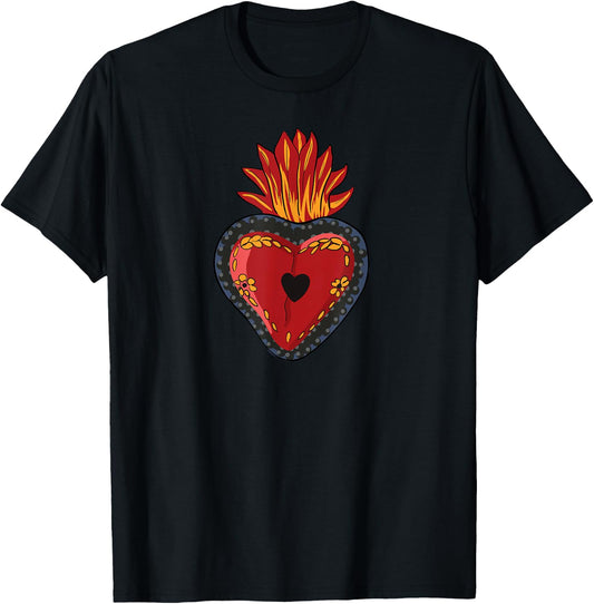 Flaming Sacred Heart Mexican Folk Art Devotion Symbol T-Shirt - T-Shirt | Black