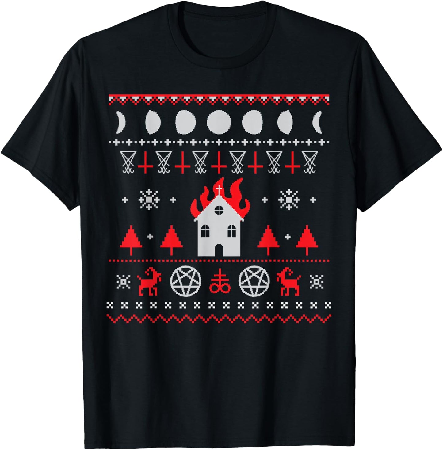 The Eldest Cult | Ugly Anti Christmas Sweater Gift - Burning Church Satanic Lucifer Pentagram Upside Down Cross T-Shirt - T-Shirt | Black