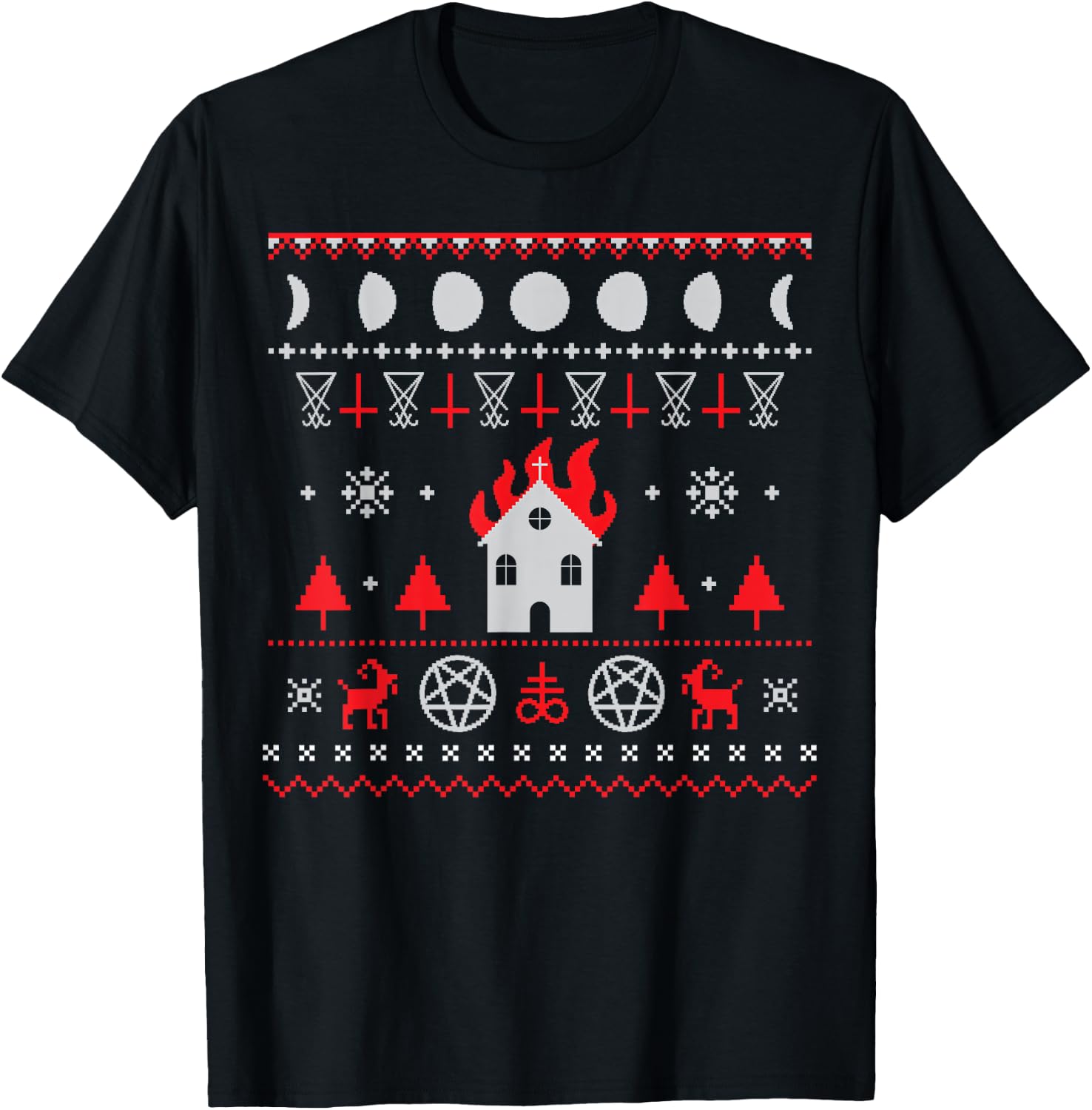 The Eldest Cult | Ugly Anti Christmas Sweater Gift - Burning Church Satanic Lucifer Pentagram Upside Down Cross T-Shirt - T-Shirt | Black