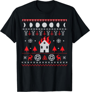 The Eldest Cult | Ugly Anti Christmas Sweater Gift - Burning Church Satanic Lucifer Pentagram Upside Down Cross T-Shirt - T-Shirt | Black