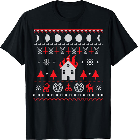 The Eldest Cult | Ugly Anti Christmas Sweater Gift - Burning Church Satanic Lucifer Pentagram Upside Down Cross T-Shirt - T-Shirt | Black