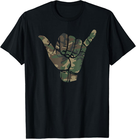 Surfs Up Camouflage Hawaii Shaka Sign Shirt Art-Retro Shaka T-Shirt - T-Shirt | Black